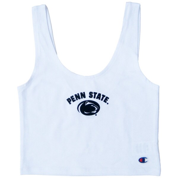 white women's scoop neck cropped tank with Penn State arched above Athletic Logo